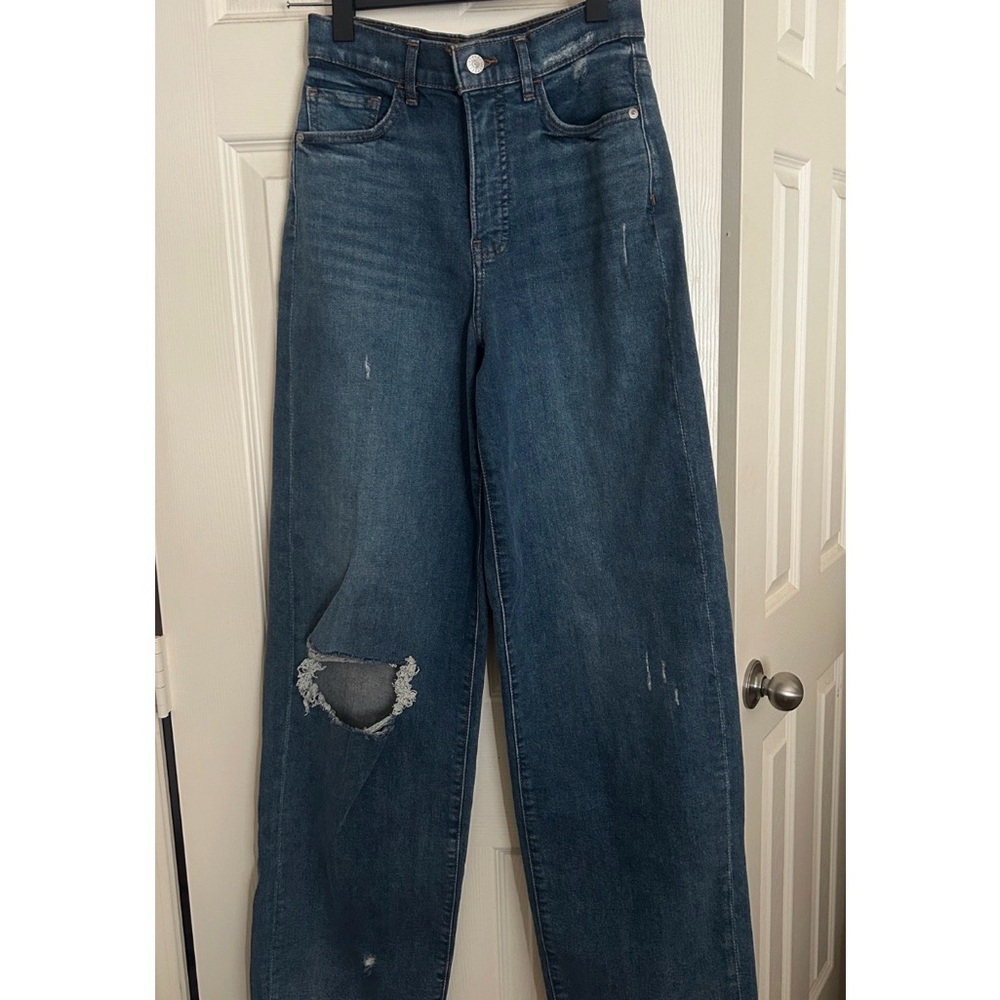 Express Dark Blue Distressed Women's 90s wide leg super high rise jeans